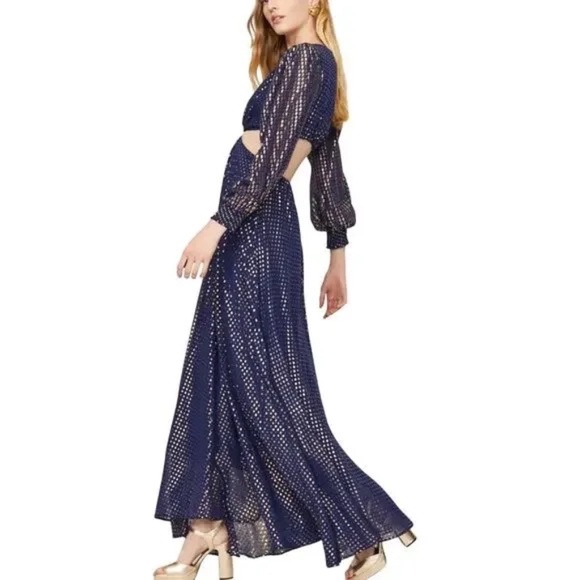 Delfi Collective Cerise Cutout Navy Blue Metallic Gold Dotted Gown Dress S - Picture 2 of 11